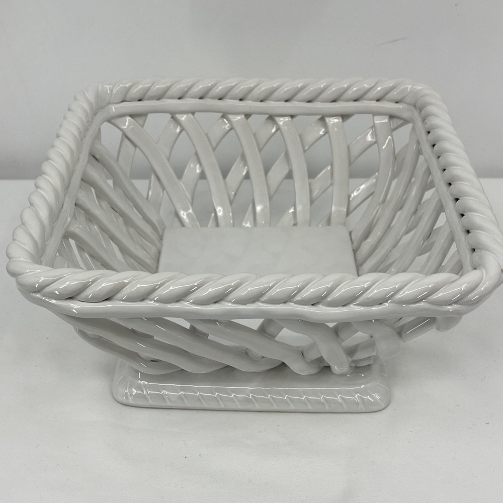 SERVING BASKET HAND WOVEN White Ceramic on pedestal